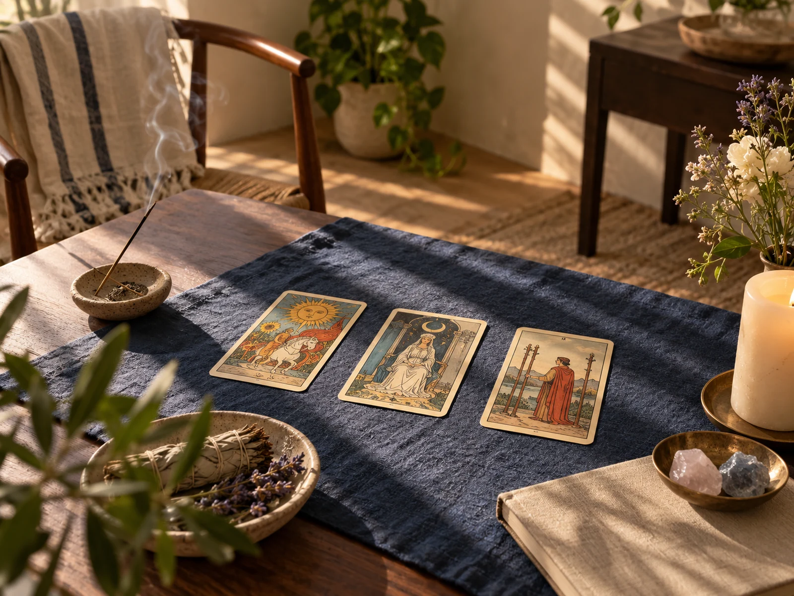 Espacio de lectura de tarot inspirado en la luz y los interiores de California