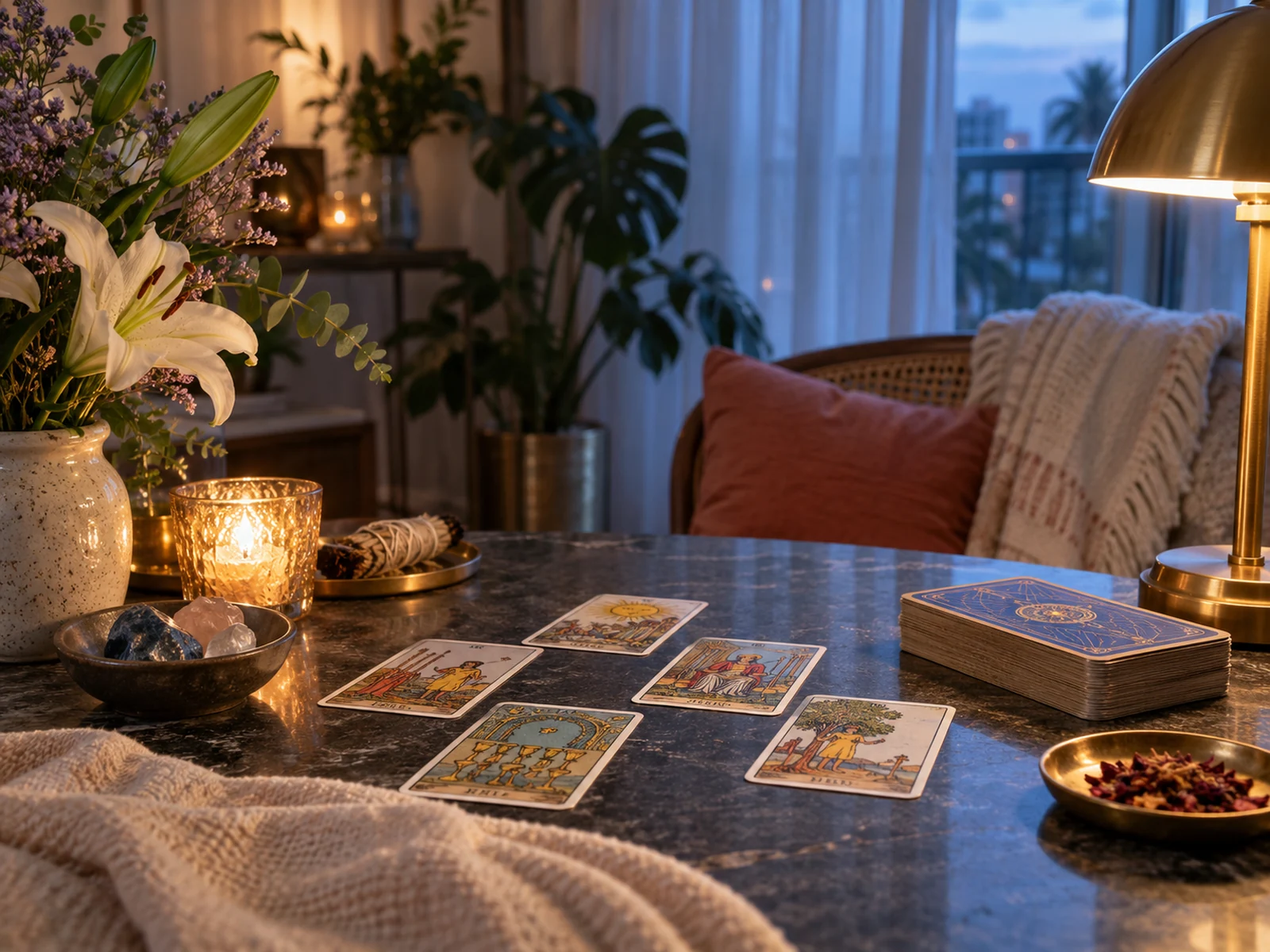 Espacio de lectura de tarot inspirado en la luz y los interiores de Florida